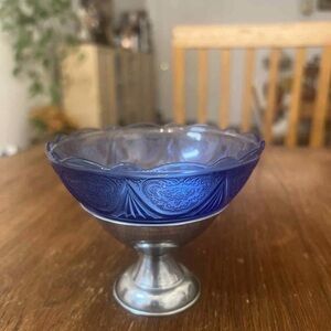Hazel-Atlas Royal Lace Cobalt Blue Depression Glass Sherbet Dish with Metal Base